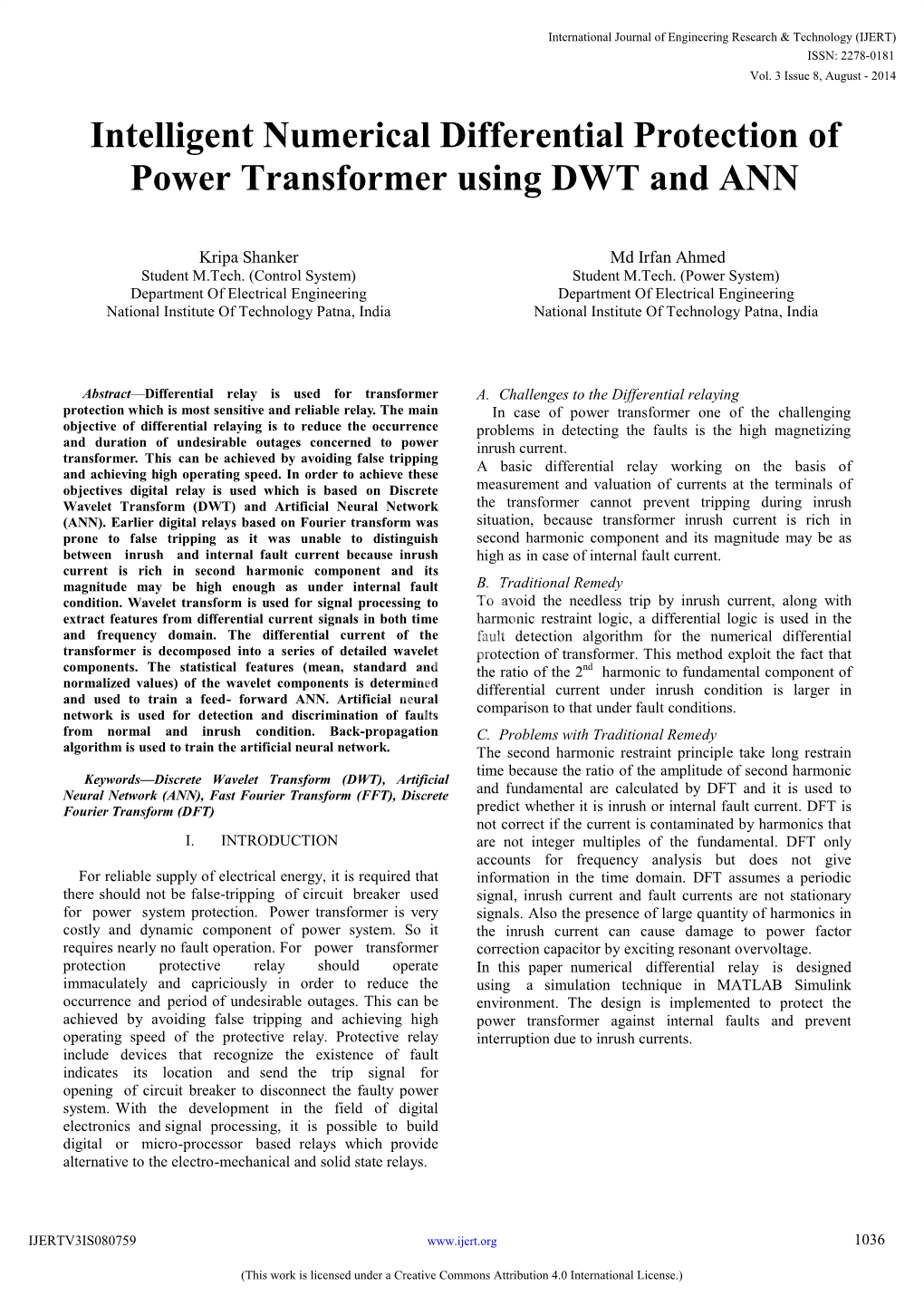 Intelligent Numerical Differential Protection of Power Transformer Using DWT and ANN