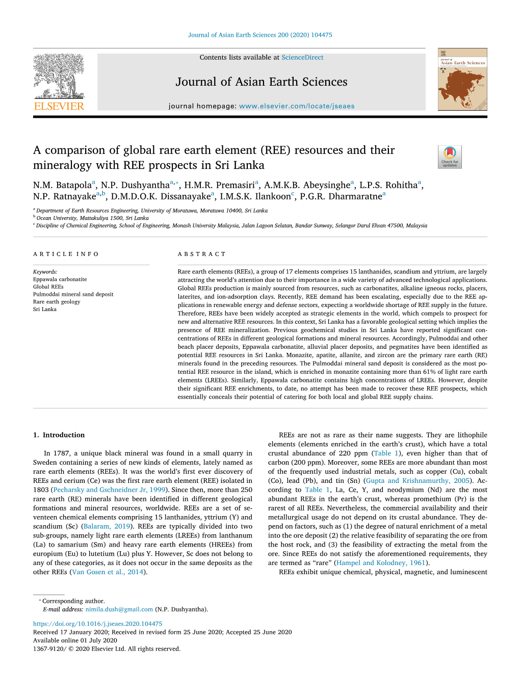 A Comparison of Global Rare Earth Element (REE) Resources and Their T Mineralogy with REE Prospects in Sri Lanka ⁎ N.M