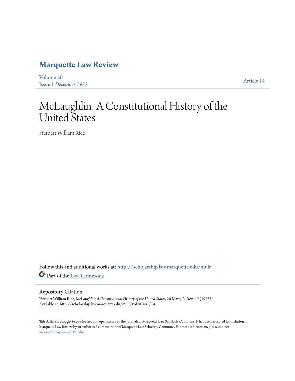 Mclaughlin: a Constitutional History of the United States Herbert William Rice
