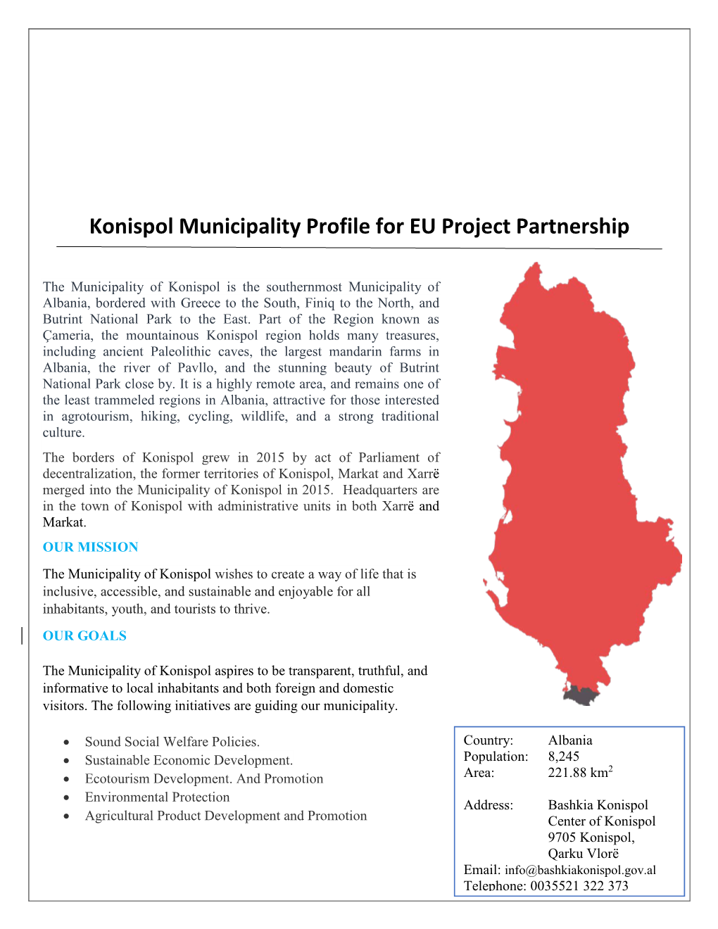 Konispol Municipality Profile for EU Project Partnership