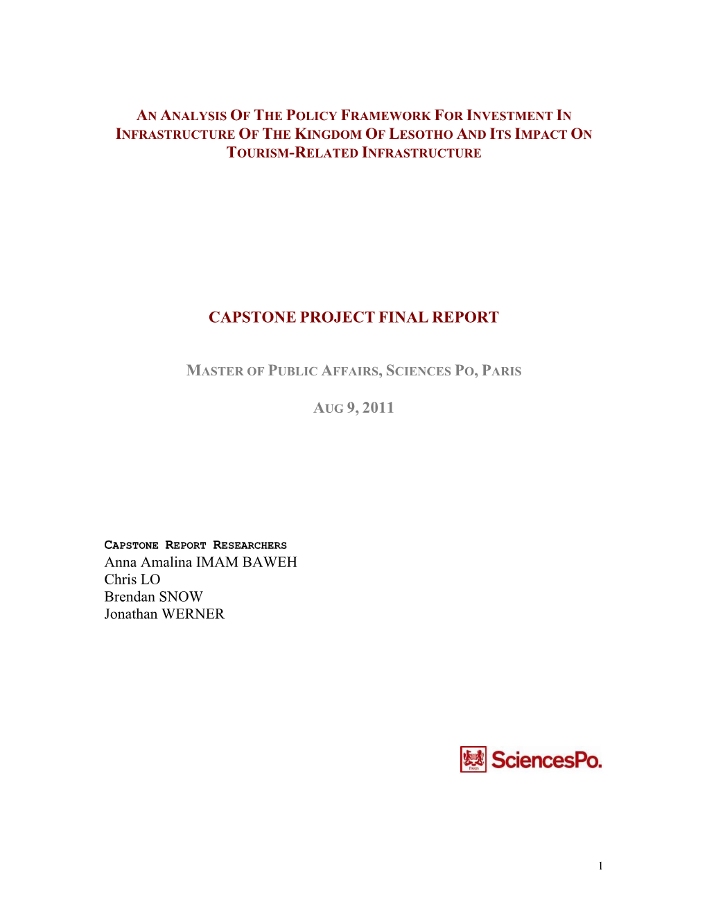 An Analysis of the Policy Framework for Investment in Infrastructure of the Kingdom of Lesotho and Its Impact on Tourism-Related Infrastructure