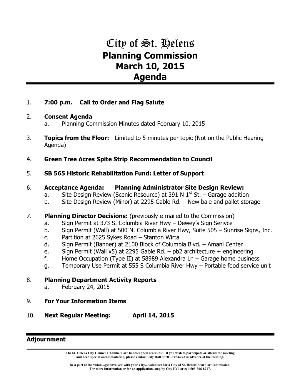 City of St. Helens Planning Commission March 10, 2015 Agenda