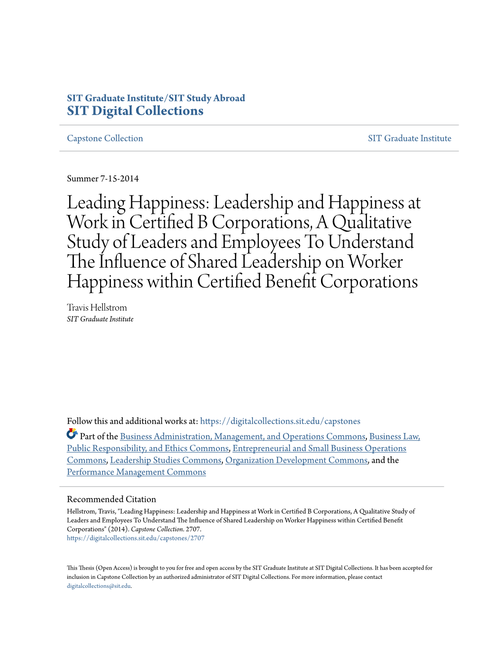 Leading Happiness: Leadership and Happiness at Work in Certified B