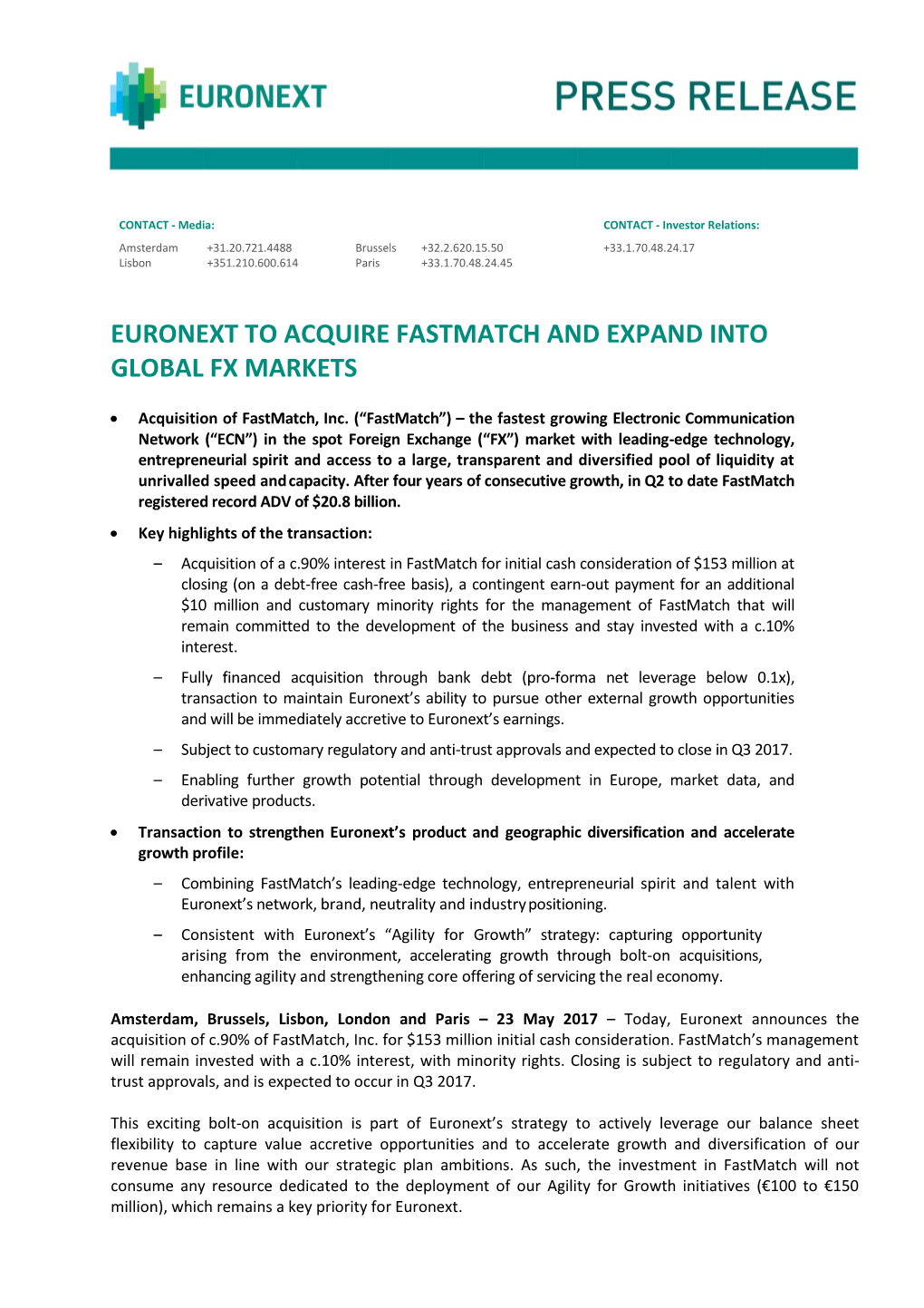 Euronext to Acquire Fastmatch and Expand Into