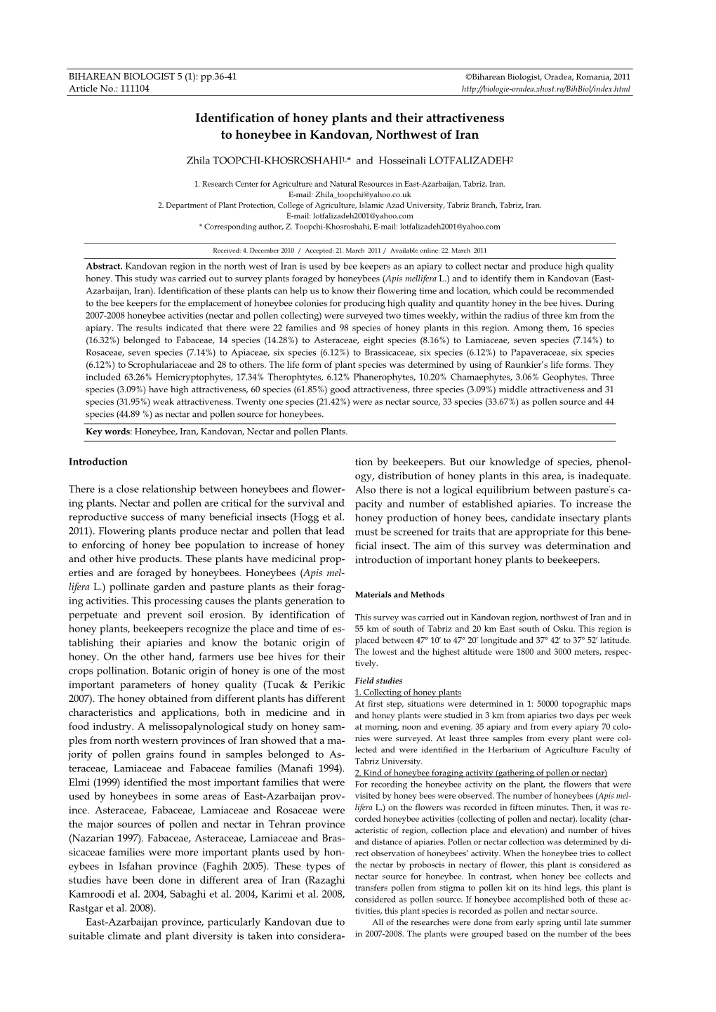 Identification of Honey Plants and Their Attractiveness to Honeybee in Kandovan, Northwest of Iran