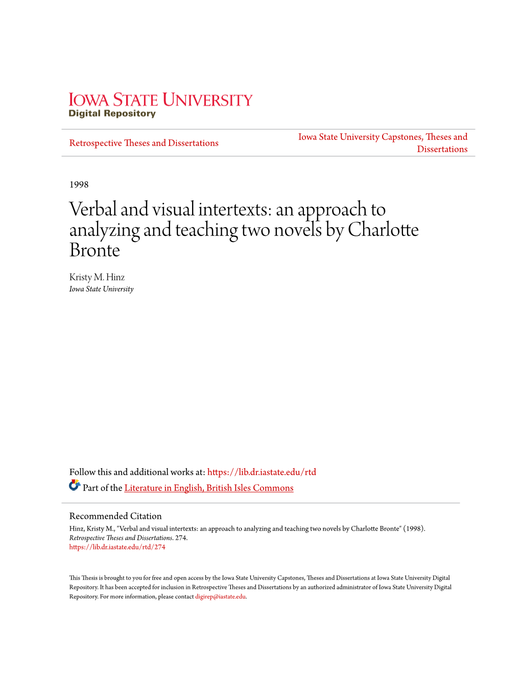 Verbal and Visual Intertexts: an Approach to Analyzing and Teaching Two Novels by Charlotte Bronte Kristy M