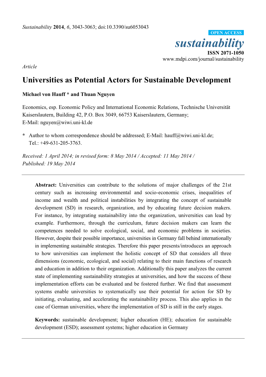 Universities As Potential Actors for Sustainable Development