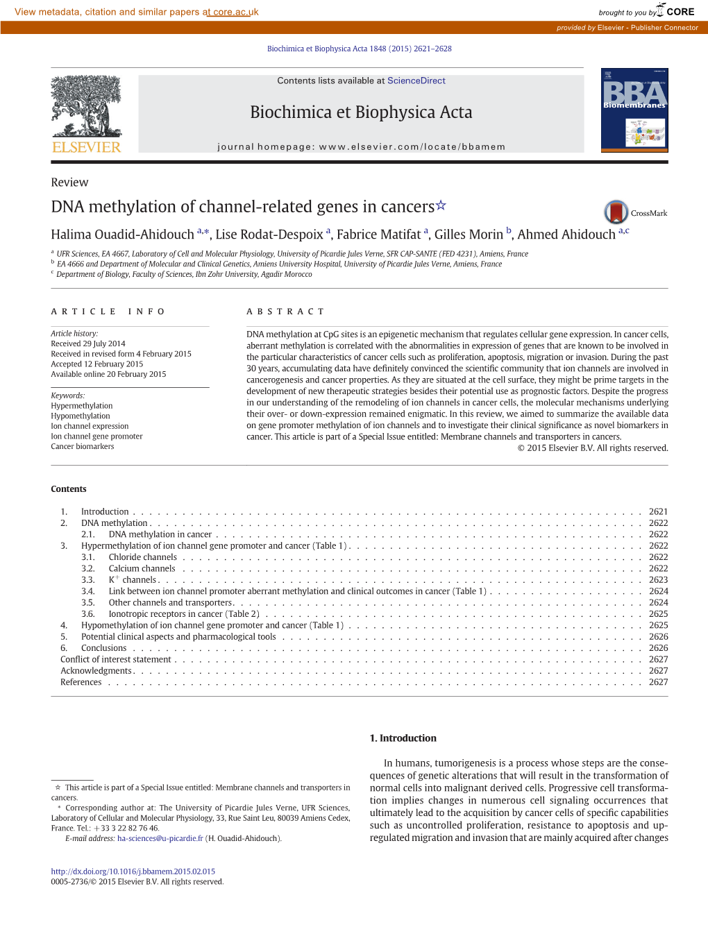 DNA Methylation of Channel-Related Genes in Cancers☆