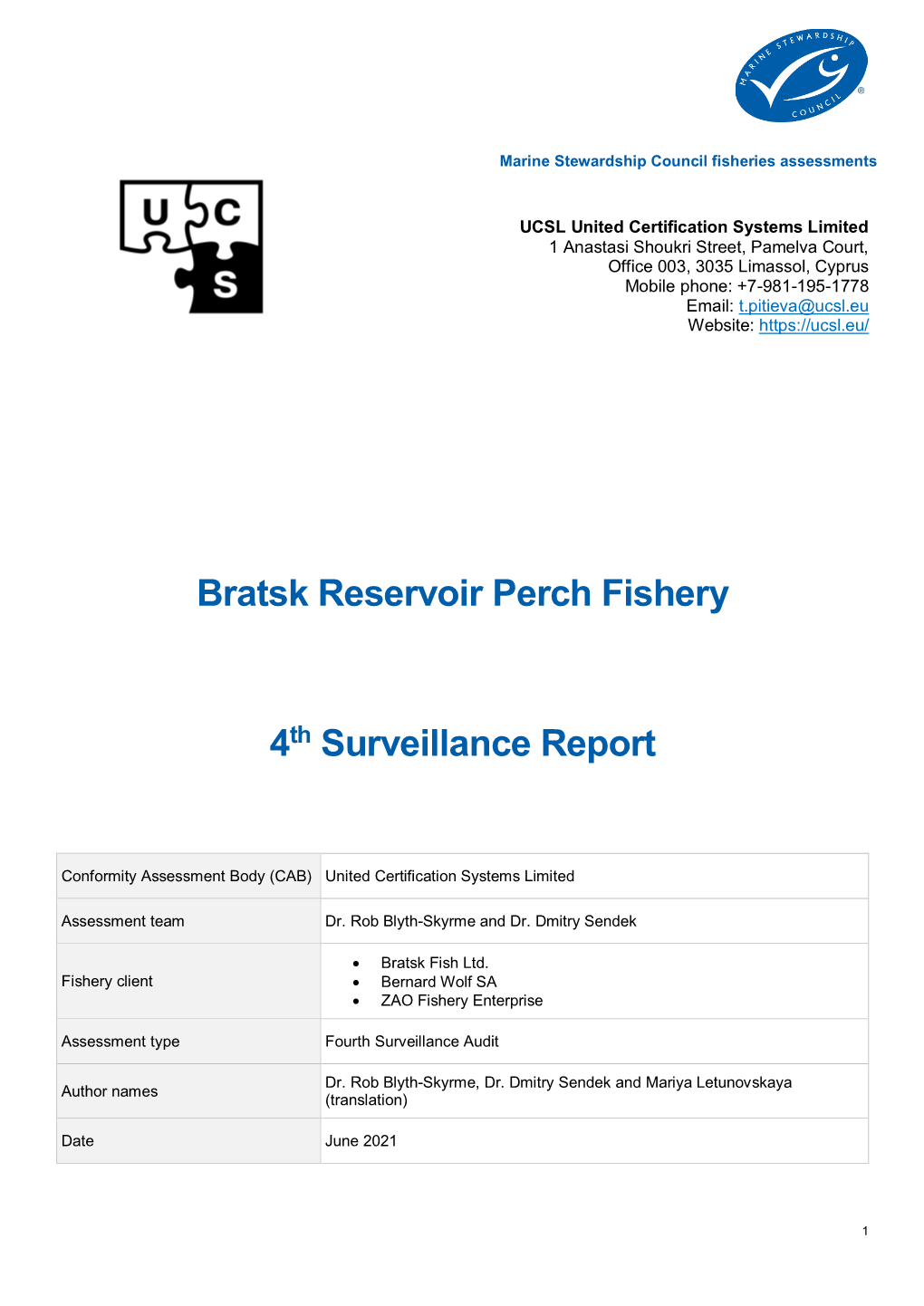 Bratsk Reservoir Perch Fishery 4Th Surveillance Report