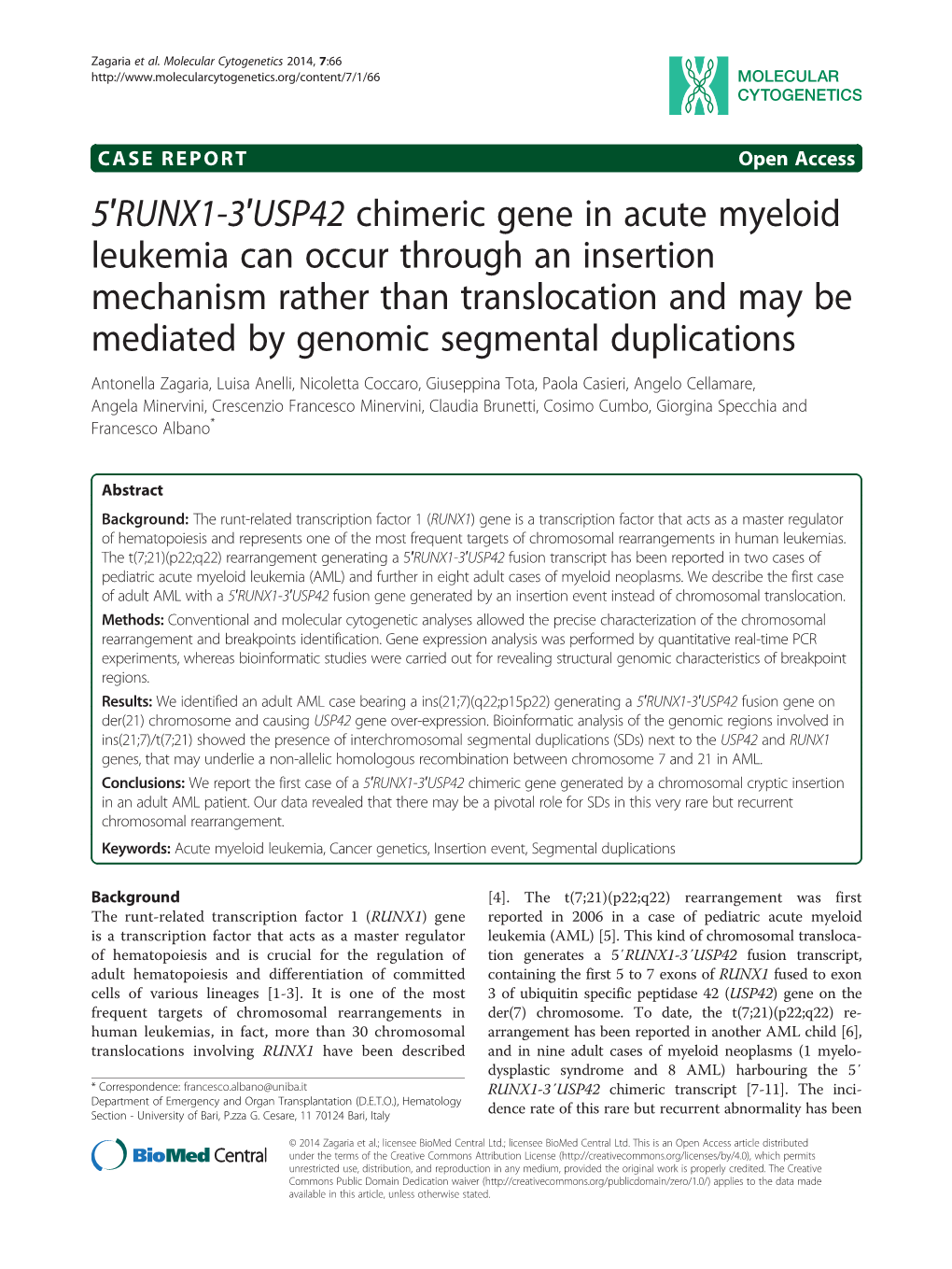5'RUNX1-3'USP42 Chimeric Gene in Acute Myeloid Leukemia Can Occur