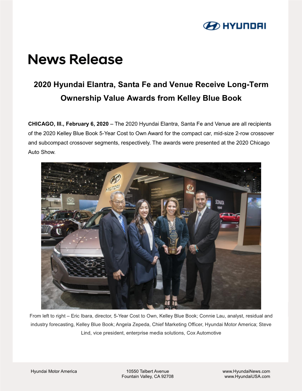 2020 Hyundai Elantra, Santa Fe and Venue Receive Long-Term Ownership Value Awards from Kelley Blue Book