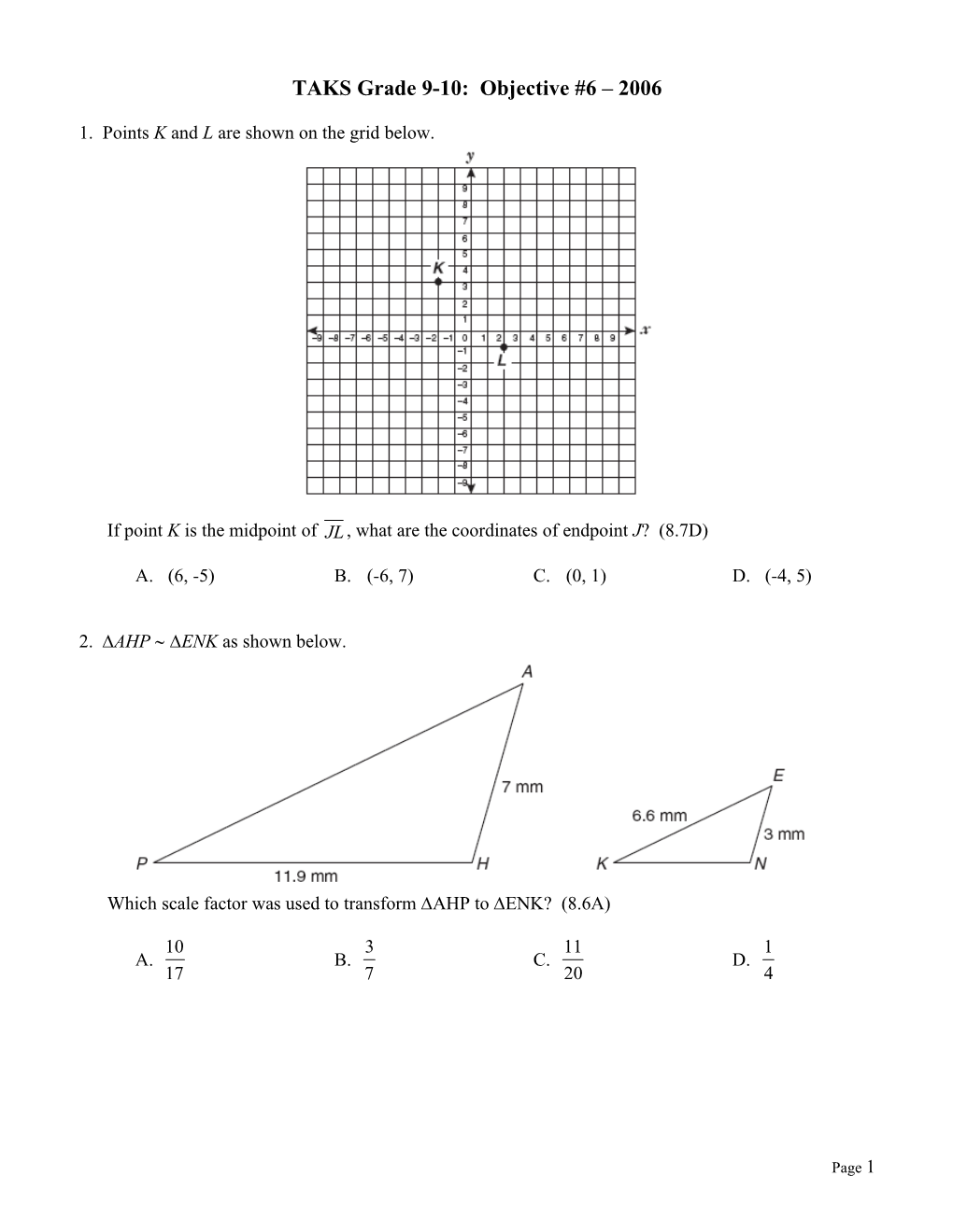 TAKS Grade 9-10: Objective #6 Released Tests