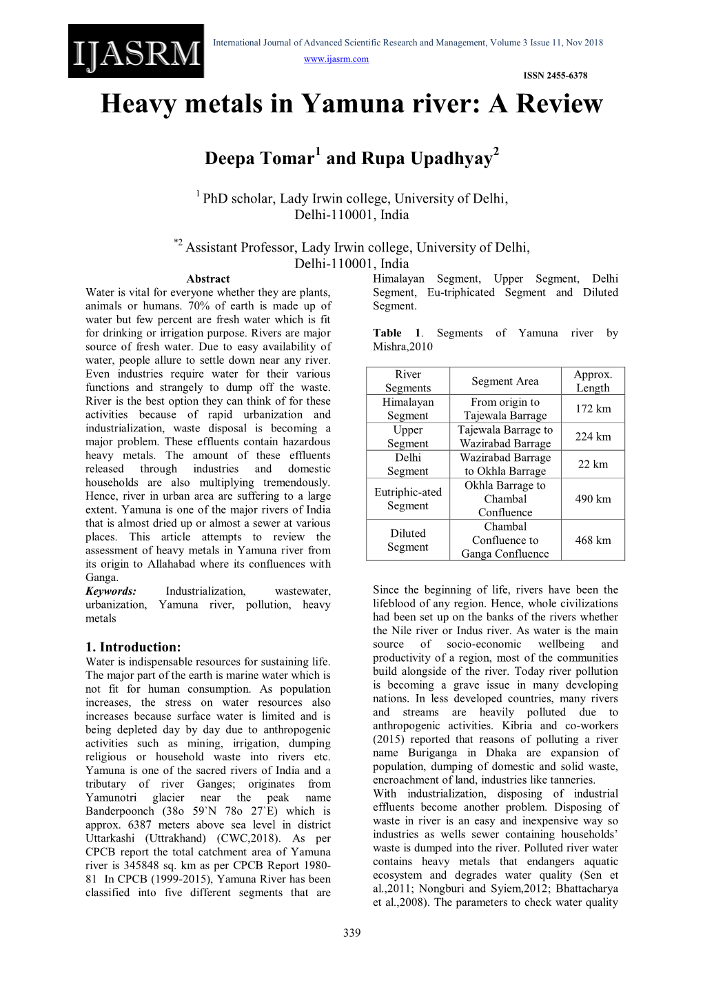 Heavy Metals in Yamuna River: a Review