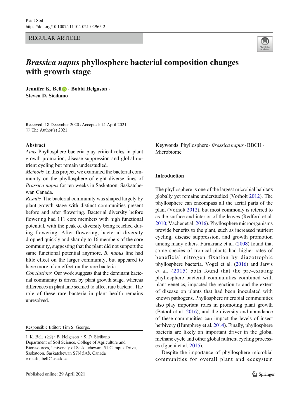 Brassica Napus Phyllosphere Bacterial Composition Changes with Growth Stage