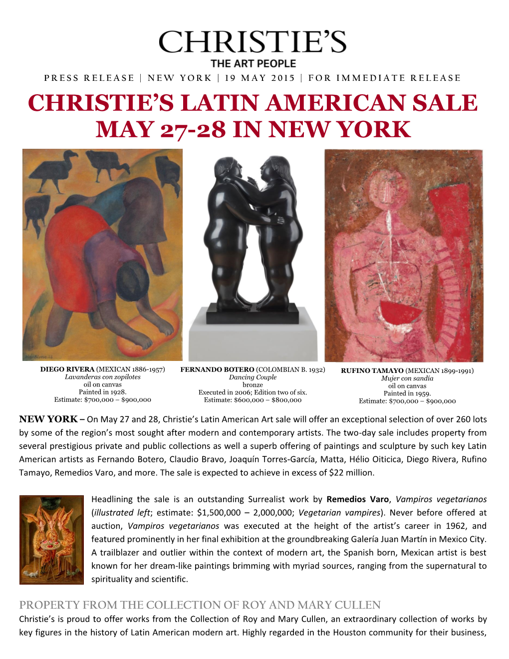 Christie's Latin American Sale May 27-28 in New York