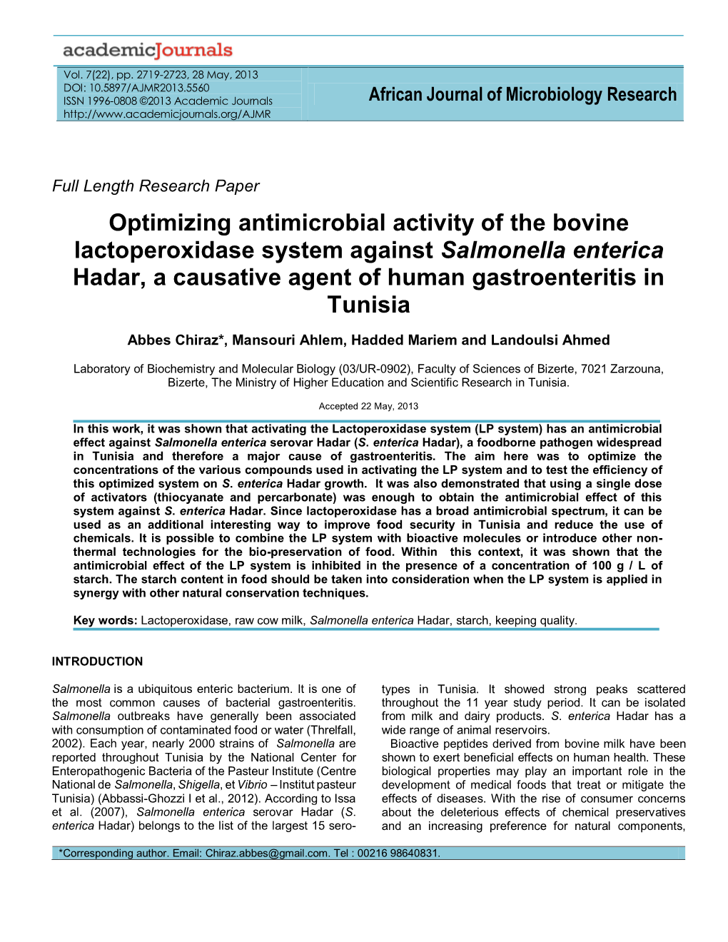 Optimizing Antimicrobial Activity of the Bovine Lactoperoxidase System Against Salmonella Enterica Hadar, a Causative Agent of Human Gastroenteritis in Tunisia