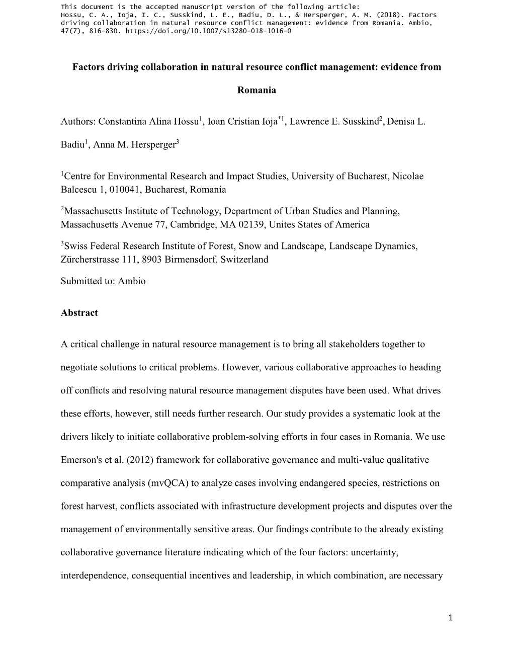 Factors Driving Collaboration in Natural Resource Conflict Management: Evidence from Romania