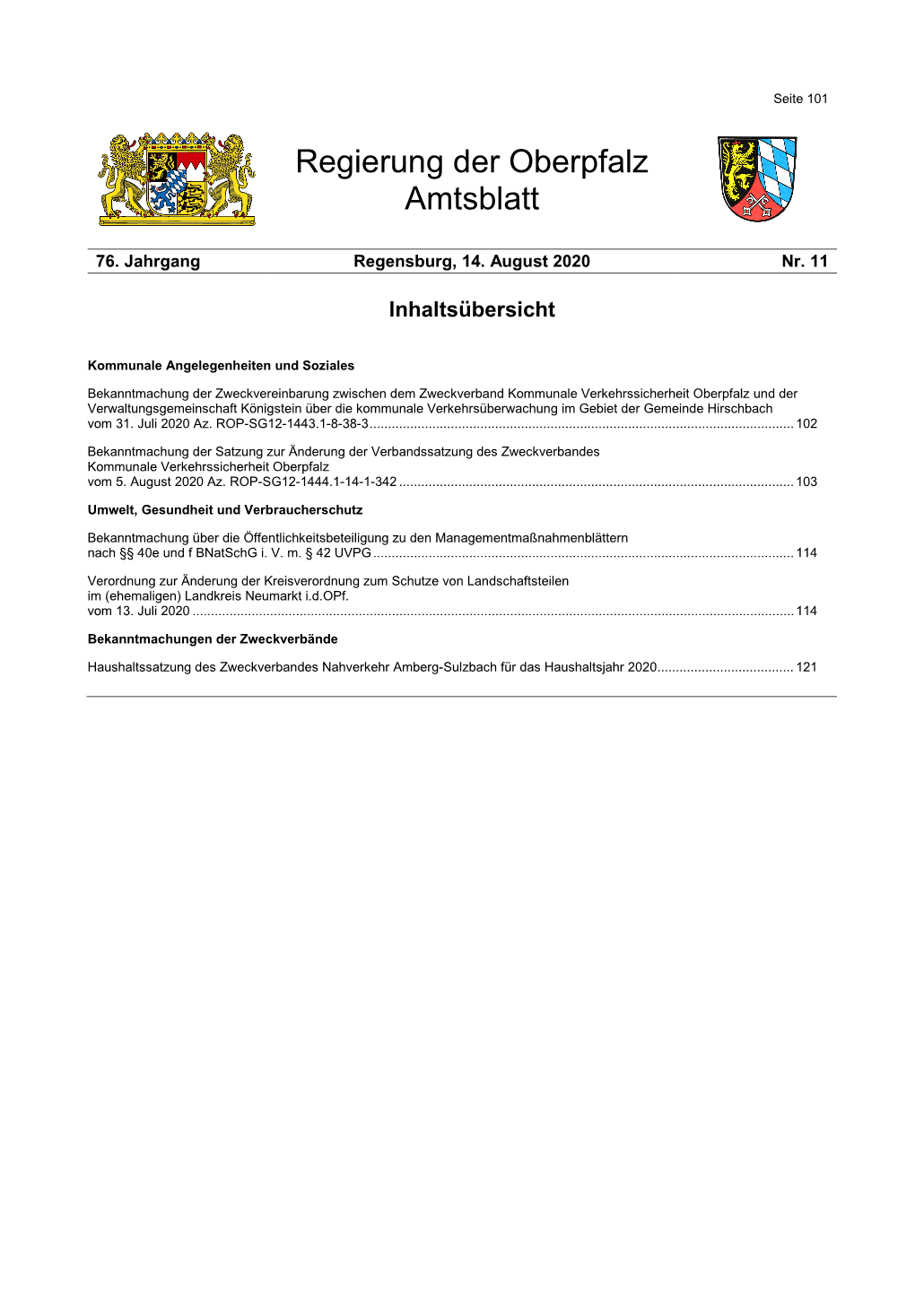 Amtsblatt Der Regierung Der Oberpfalz Nr. 11/2020