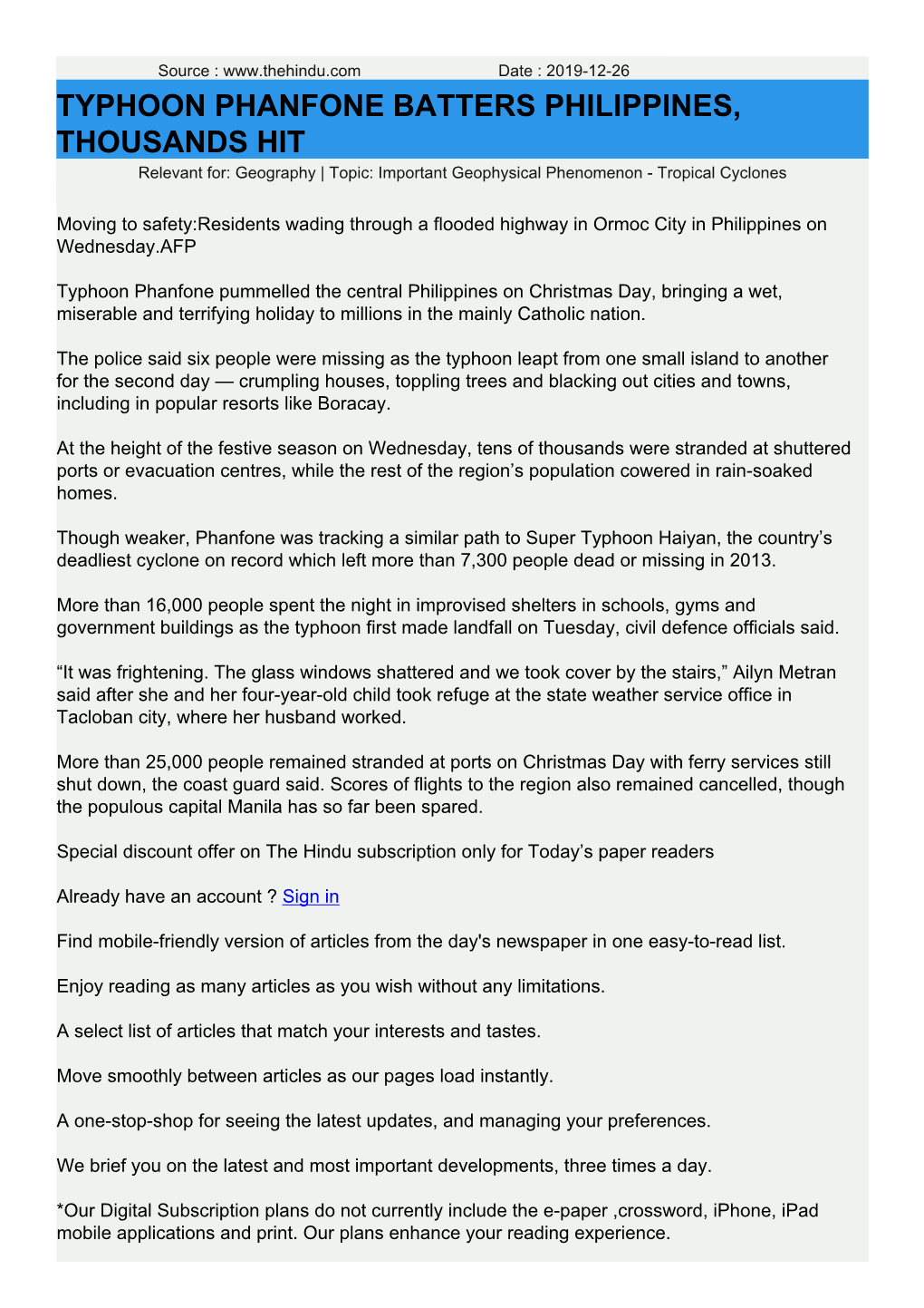 TYPHOON PHANFONE BATTERS PHILIPPINES, THOUSANDS HIT Relevant For: Geography | Topic: Important Geophysical Phenomenon - Tropical Cyclones