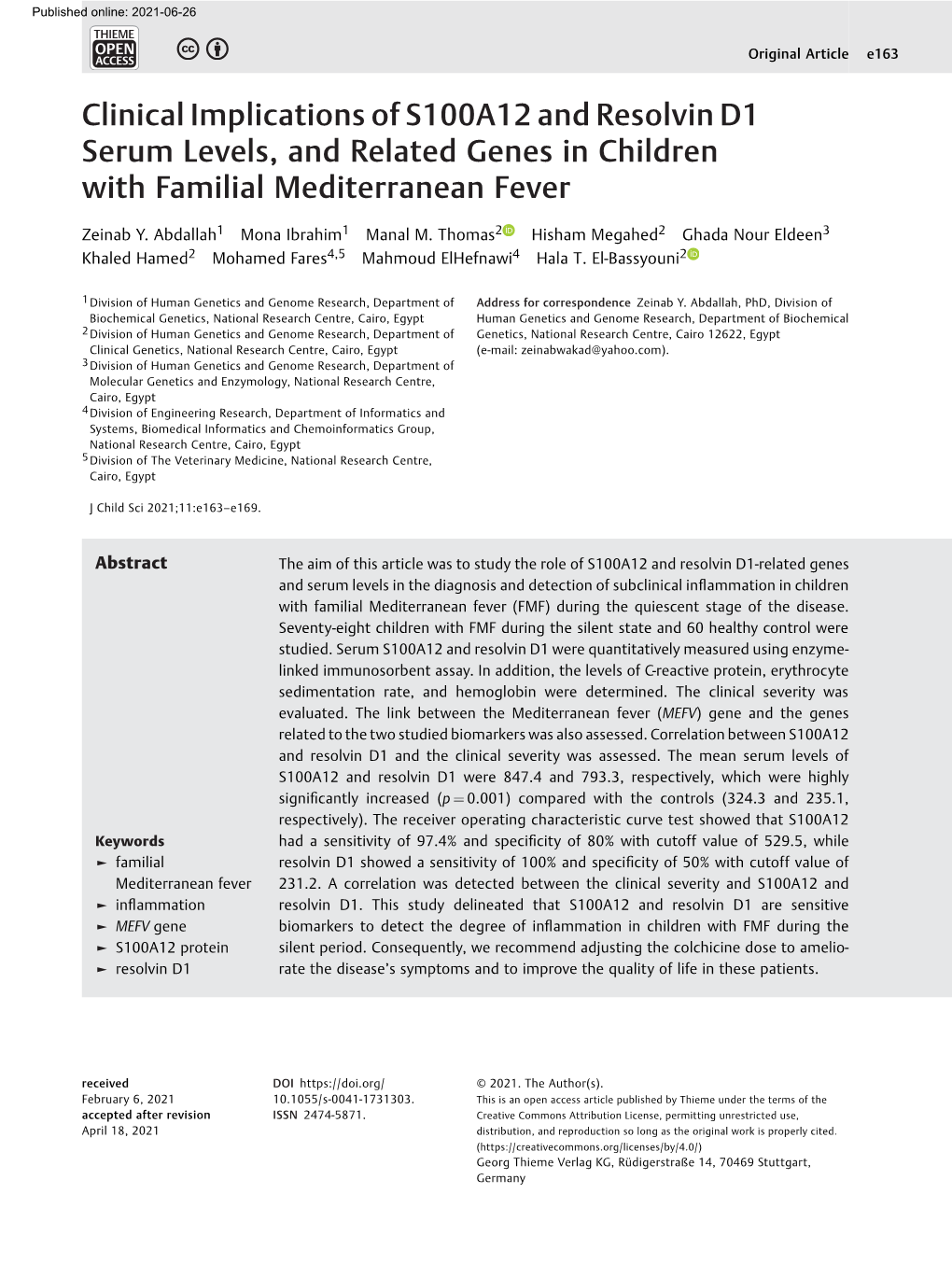 Clinical Implications of S100A12 and Resolvin D1 Serum Levels, and Related Genes in Children with Familial Mediterranean Fever