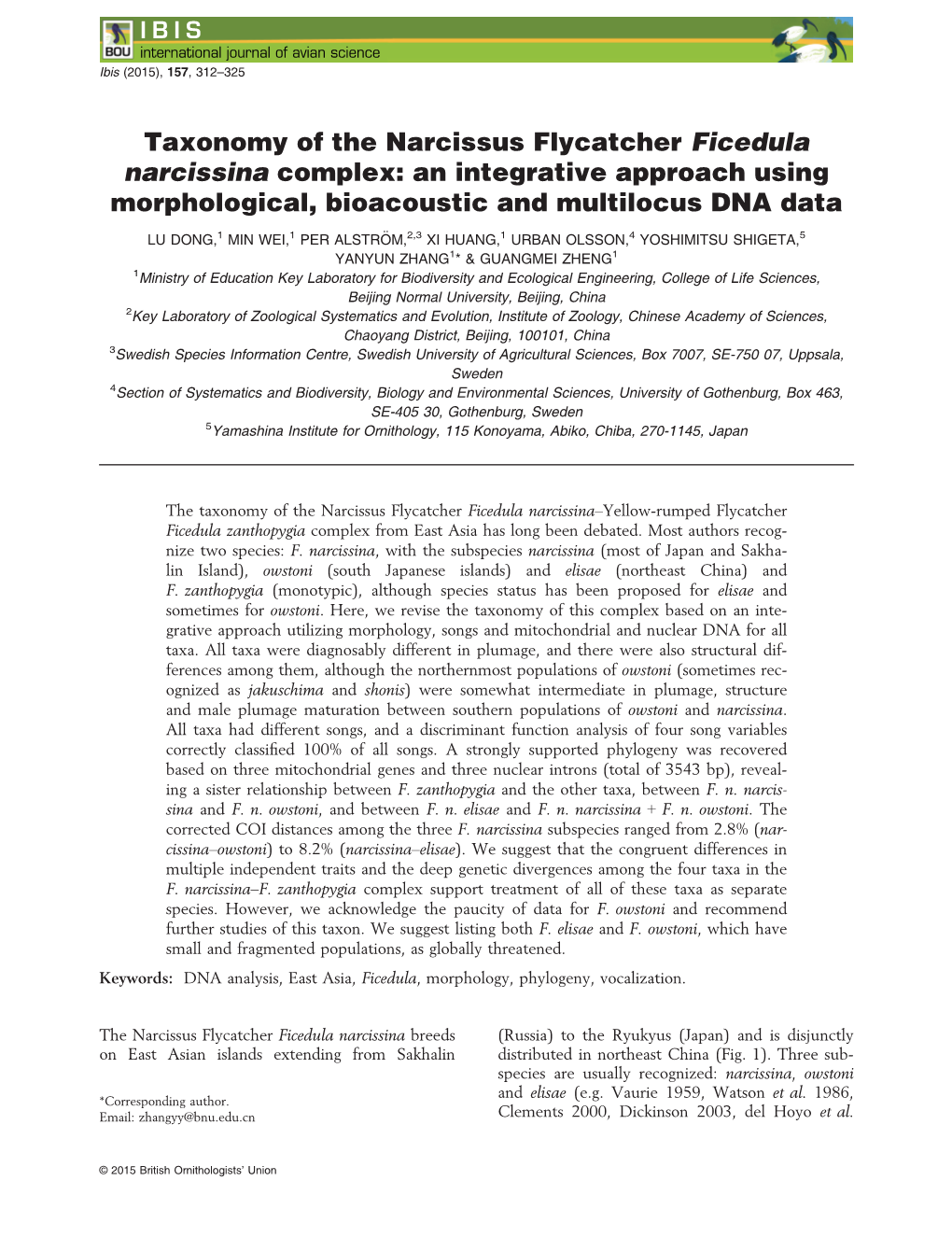 Taxonomy of the Narcissus Flycatcher Ficedula Narcissina Complex: an Integrative Approach Using Morphological, Bioacoustic and Multilocus DNA Data