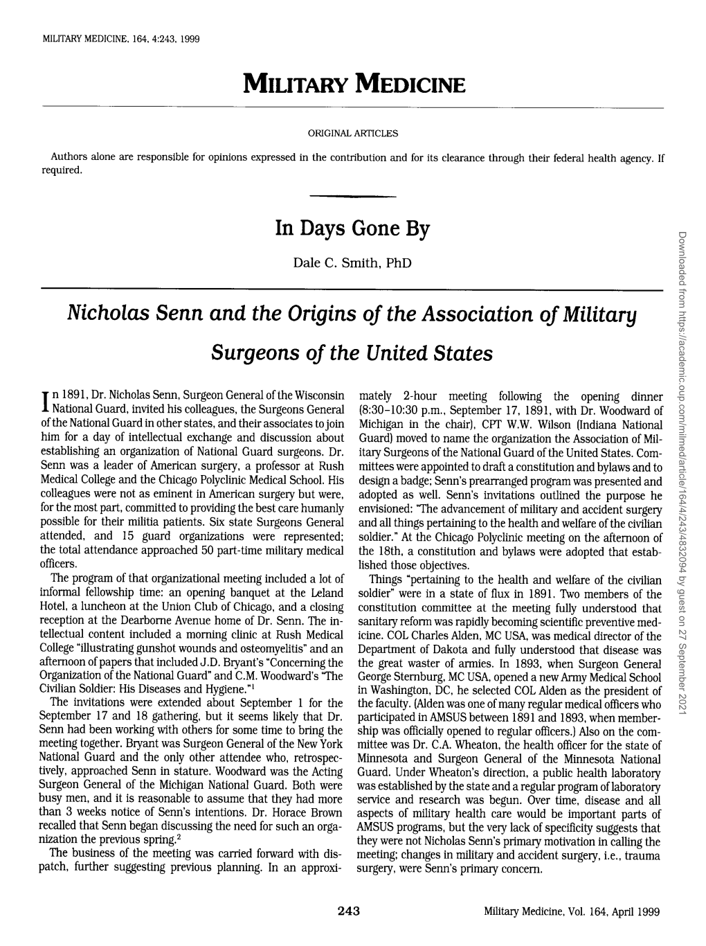 Nicholas Senn and the Origins Oj the Association Ojmilitary Surgeons Oj the United States