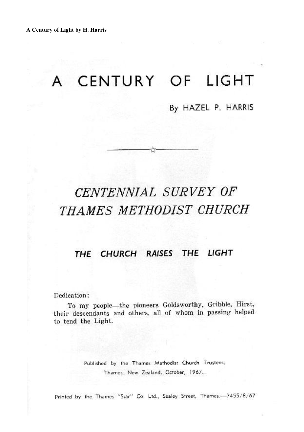 A Century of Light by H. Harris Wesley Historical Society (NZ)