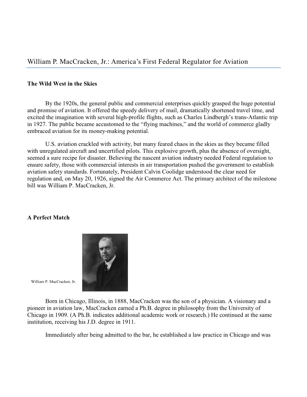 The First Federal Regulator for Aviation