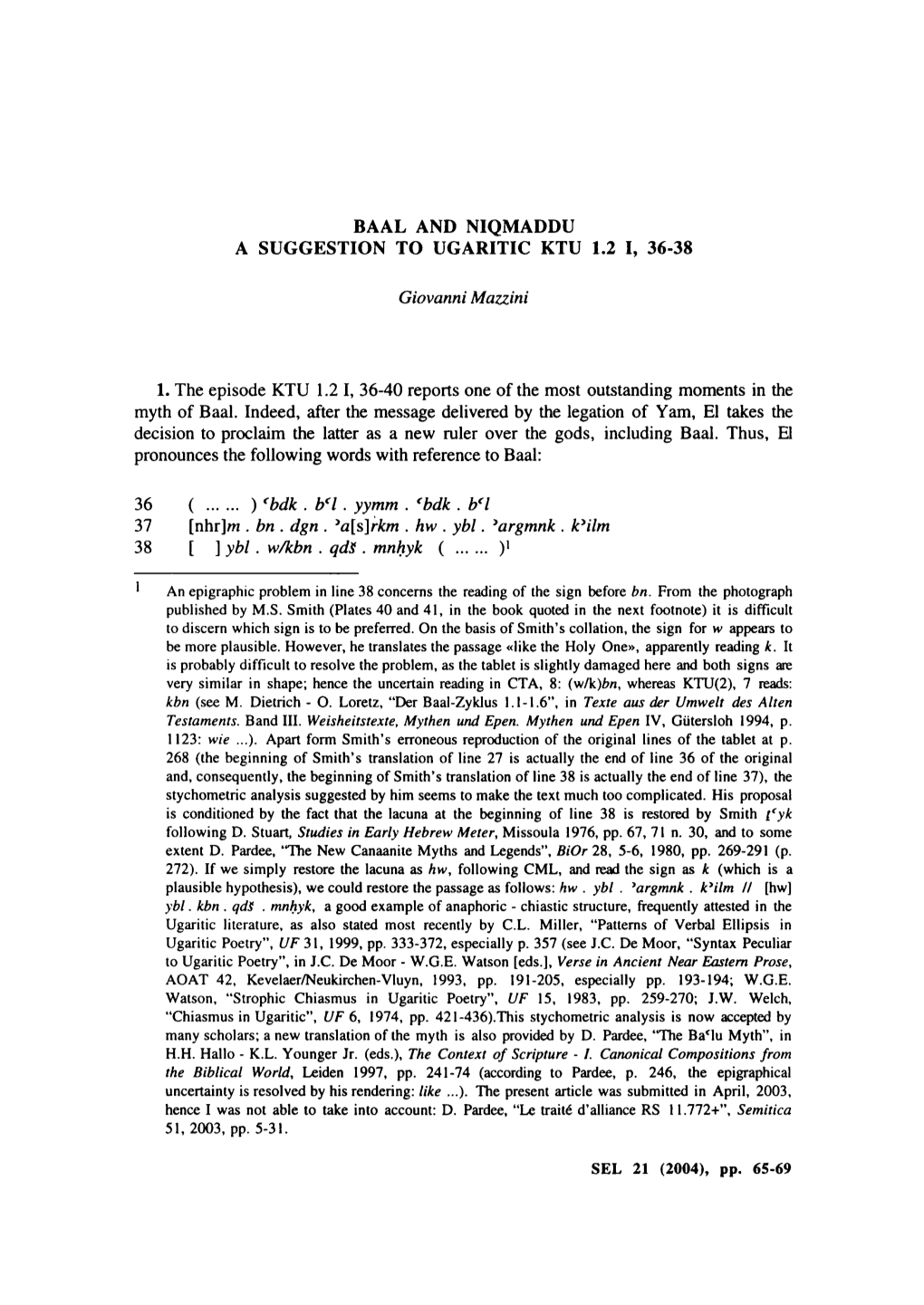 Baal and Niqmaddu a Suggestion to Ugaritic Ktu 1.2 I, 36-38