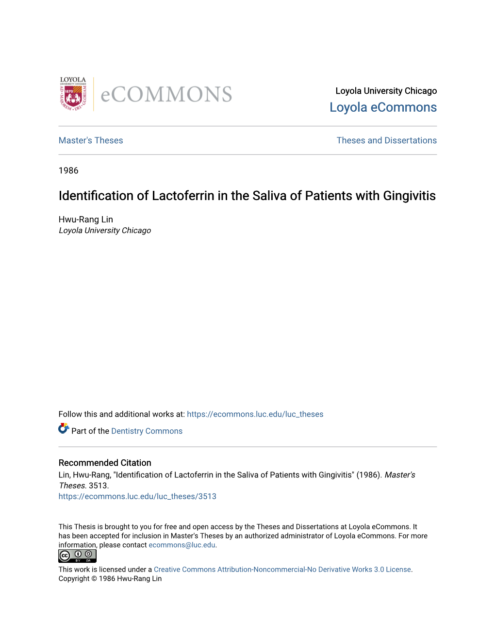 Identification of Lactoferrin in the Saliva of Patients with Gingivitis