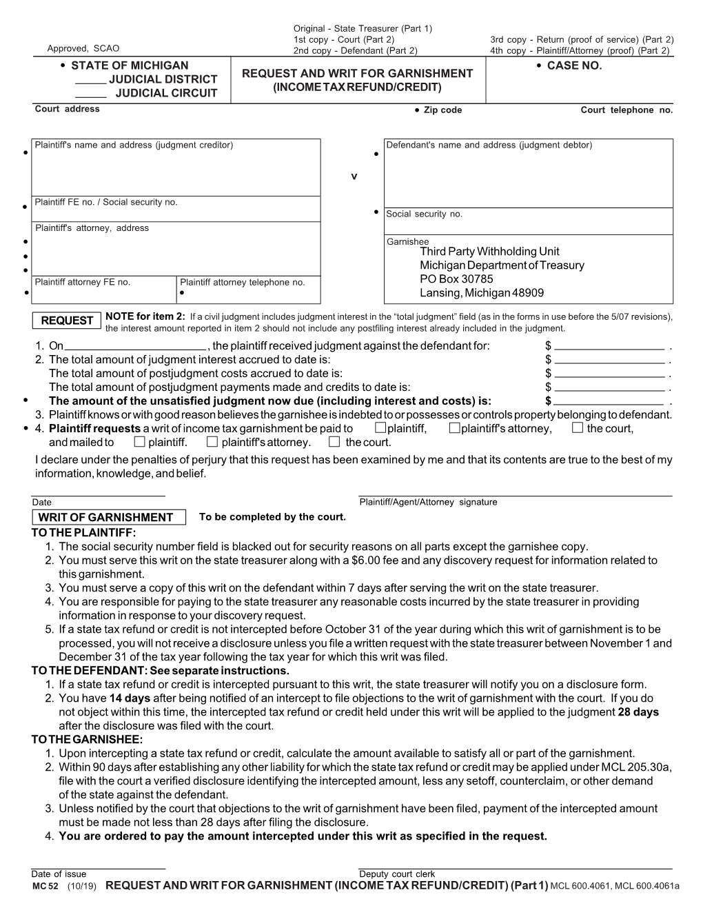 Request and Writ for Garnishment (Income Tax Refund/Credit)