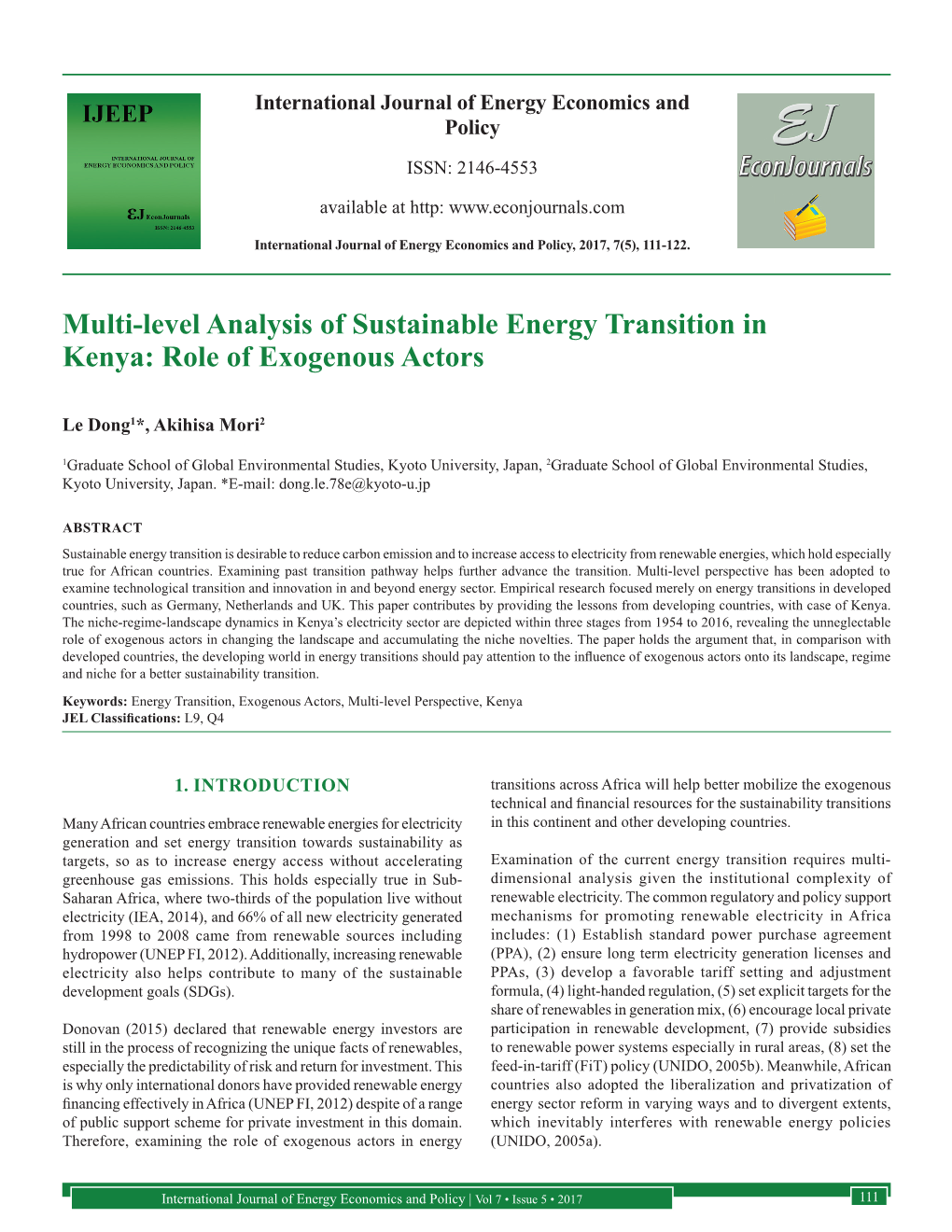 Multi-Level Analysis of Sustainable Energy Transition in Kenya: Role of Exogenous Actors