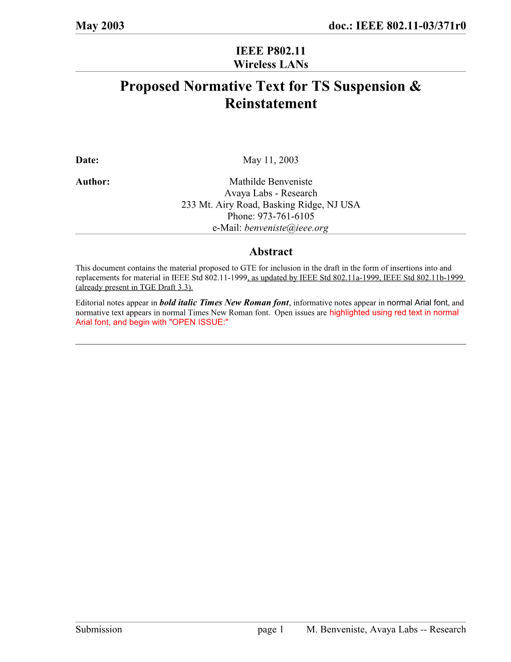 Proposed Normative Text for TS Suspension & Reinstatement