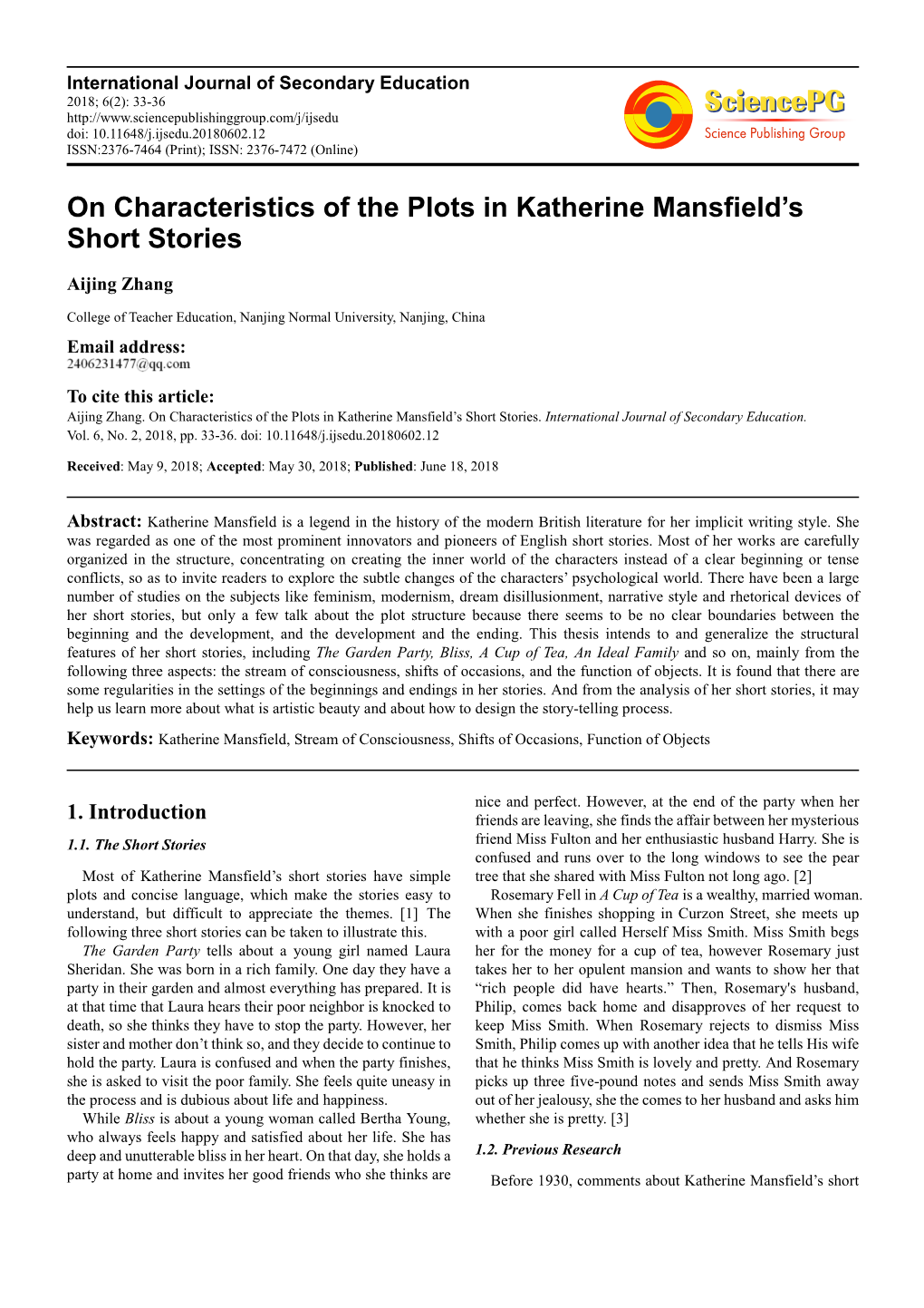 On Characteristics of the Plots in Katherine Mansfield's Short Stories