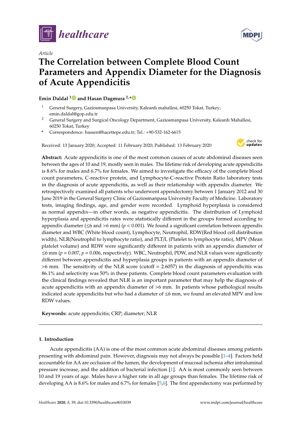 The Correlation Between Complete Blood Count Parameters and Appendix Diameter for the Diagnosis of Acute Appendicitis
