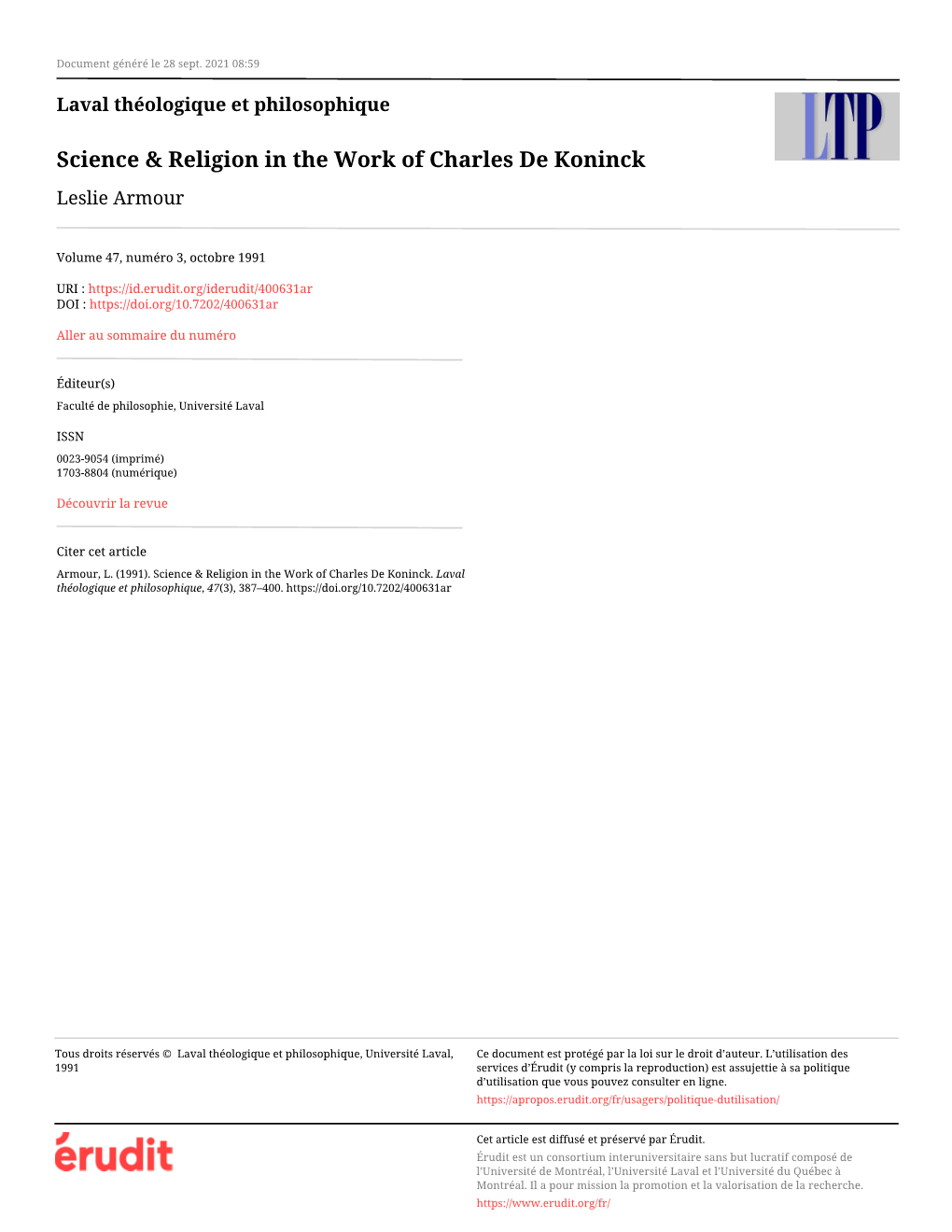 Science & Religion in the Work of Charles De Koninck