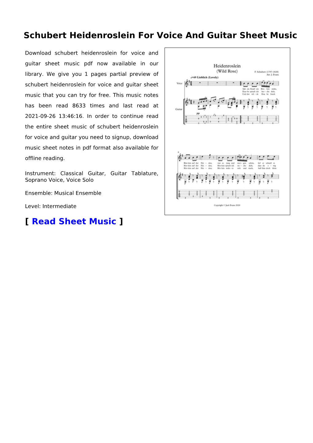 Schubert Heidenroslein for Voice and Guitar Sheet Music