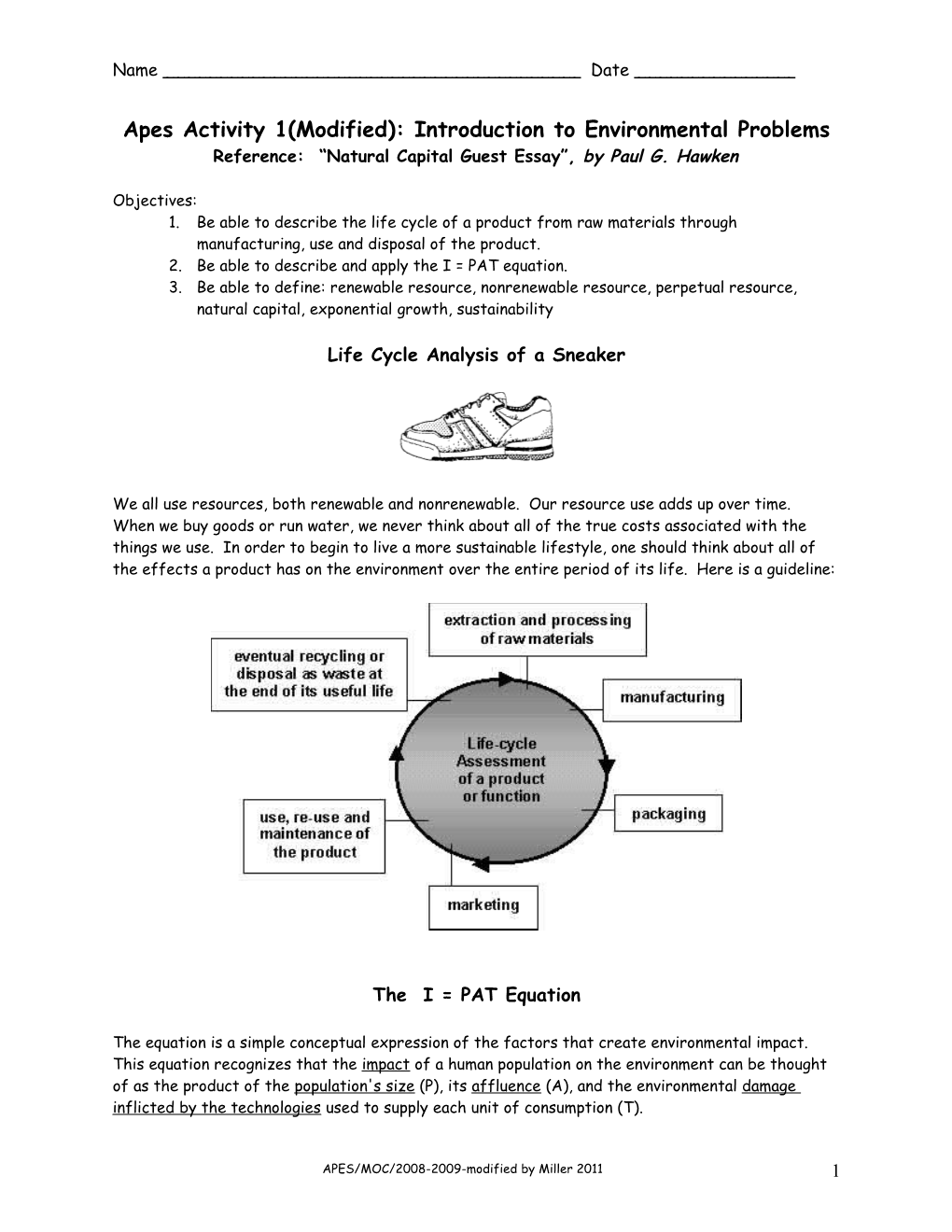 Apes Activity 1: Life Cycle Analysis