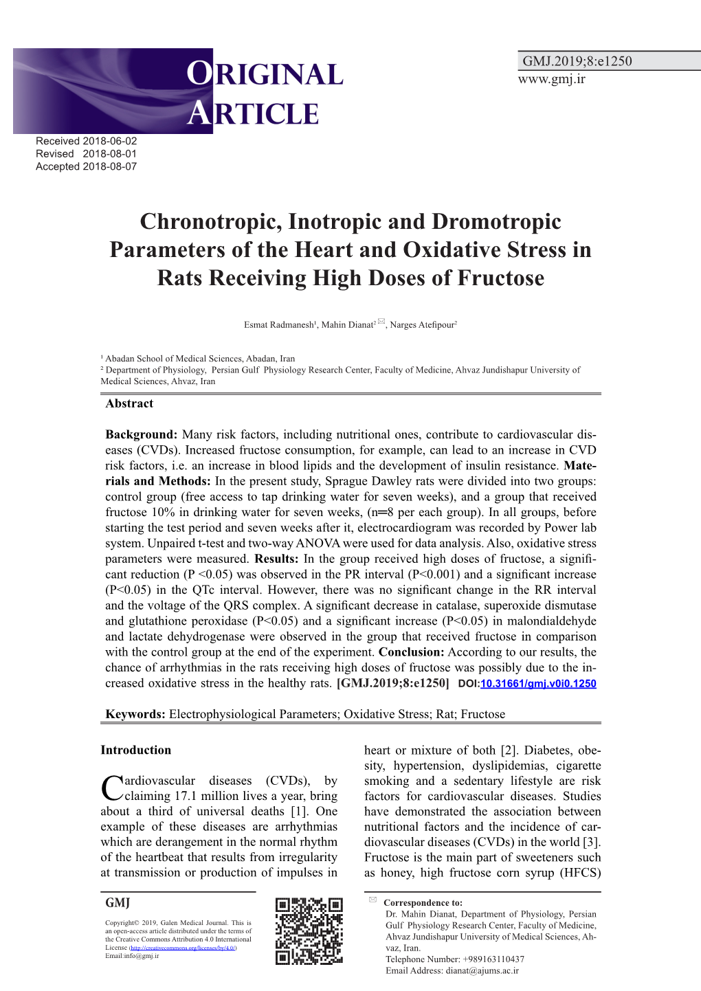 Chronotropic, Inotropic and Dromotropic Parameters of the Heart and Oxidative Stress in Rats Receiving High Doses of Fructose