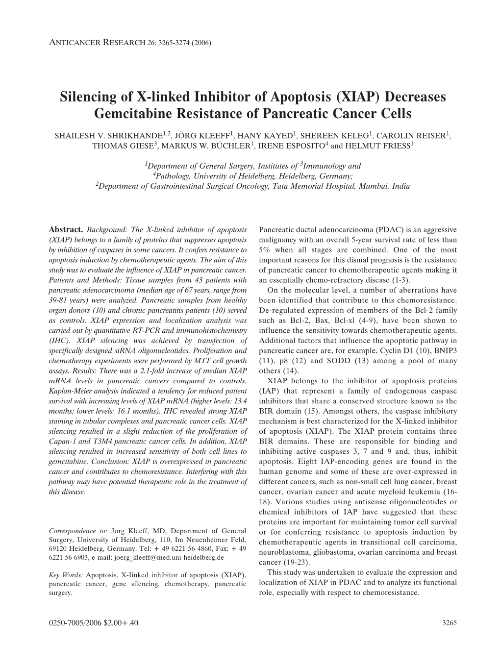 Silencing of X-Linked Inhibitor of Apoptosis (XIAP) Decreases Gemcitabine Resistance of Pancreatic Cancer Cells