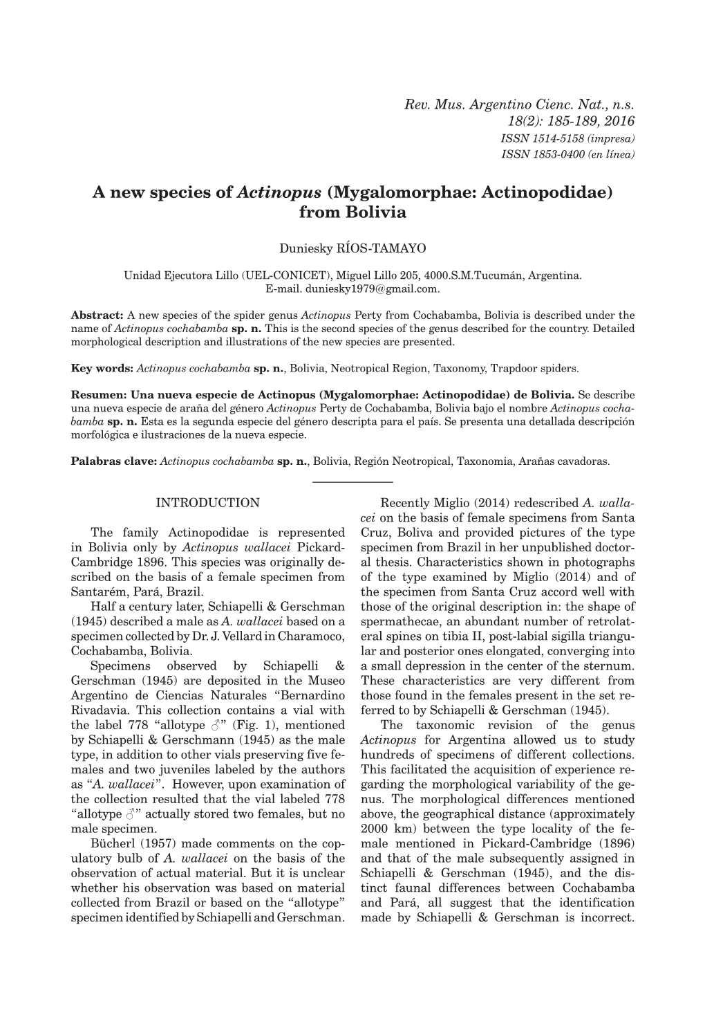 A New Species of Actinopus (Mygalomorphae: Actinopodidae) from Bolivia