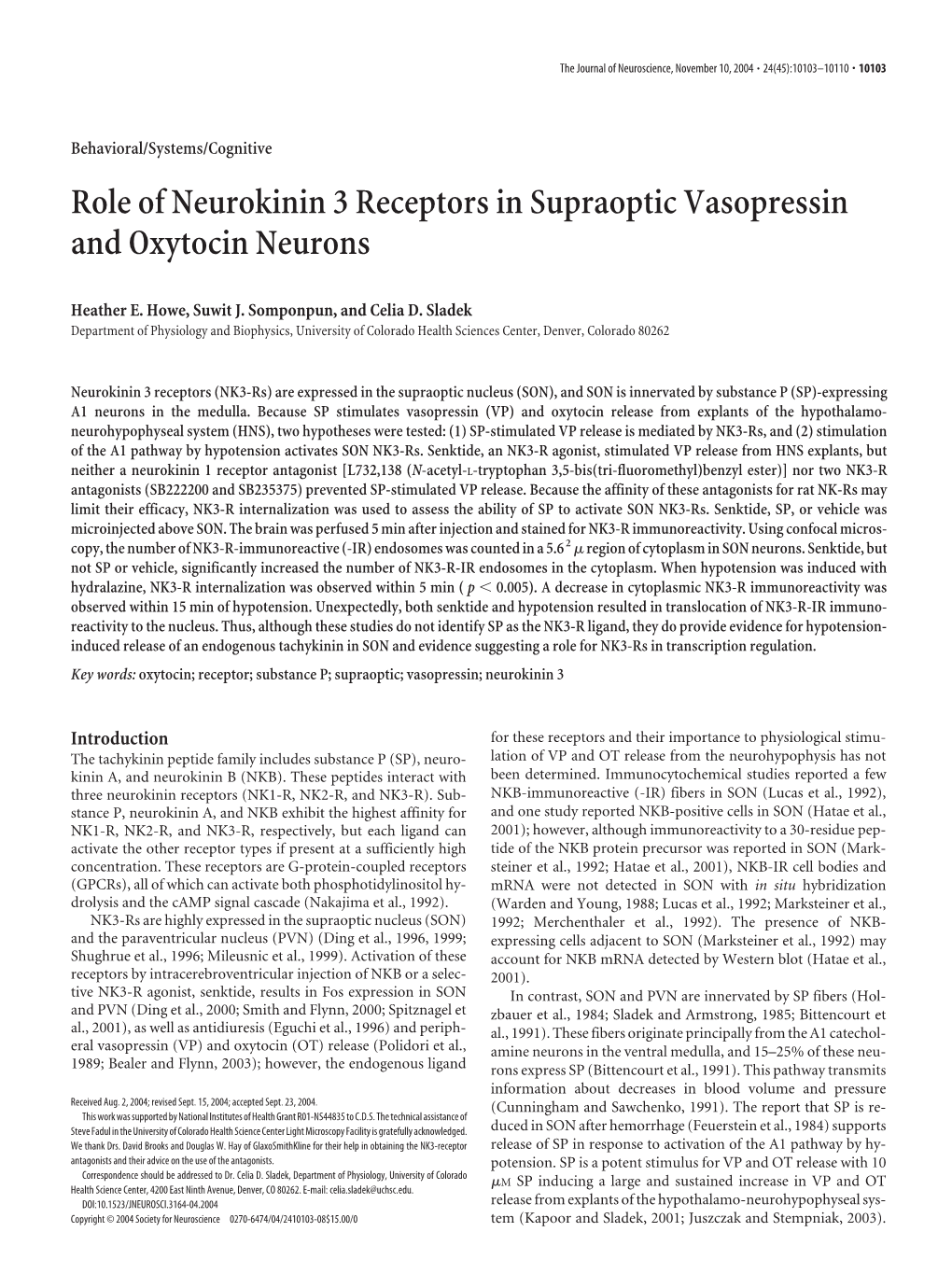 Role of Neurokinin 3 Receptors in Supraoptic Vasopressin and Oxytocin Neurons
