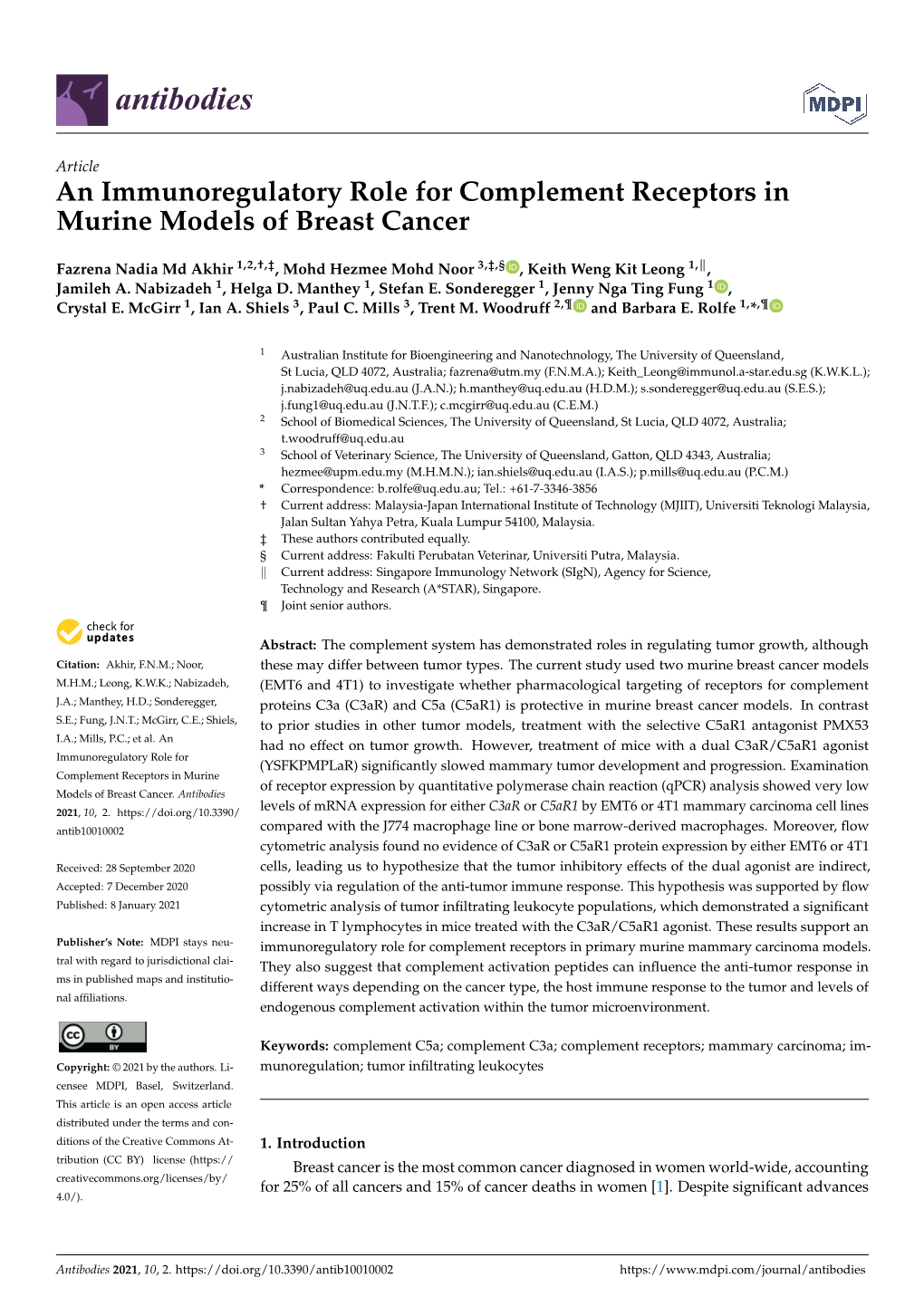 An Immunoregulatory Role for Complement Receptors in Murine Models of Breast Cancer