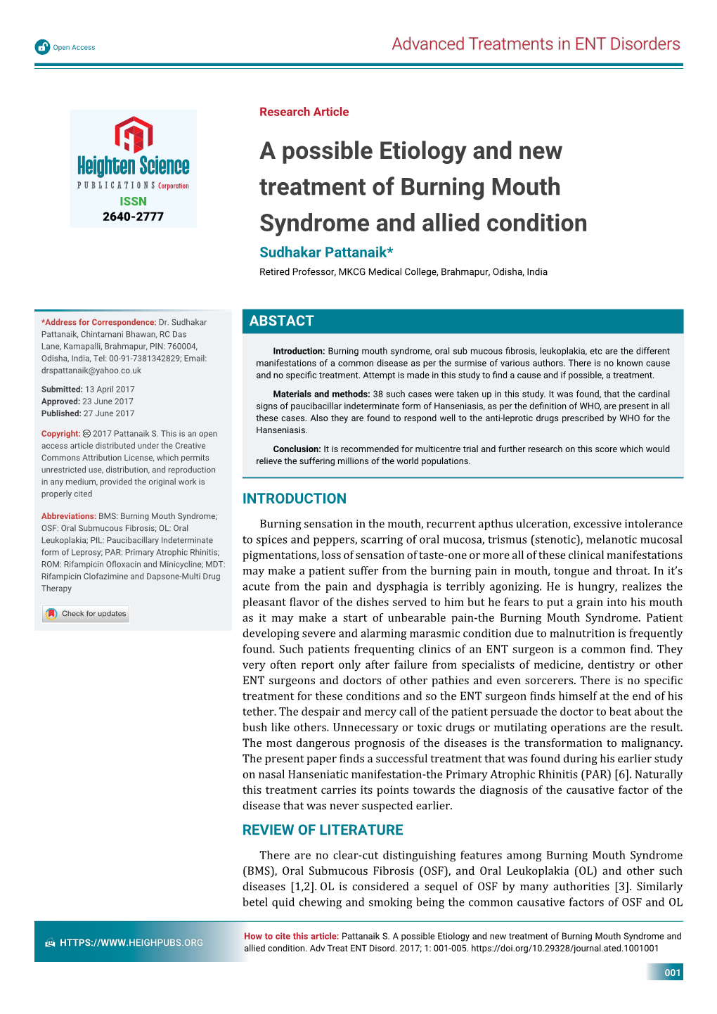 A Possible Etiology and New Treatment of Burning Mouth Syndrome and Allied Condition