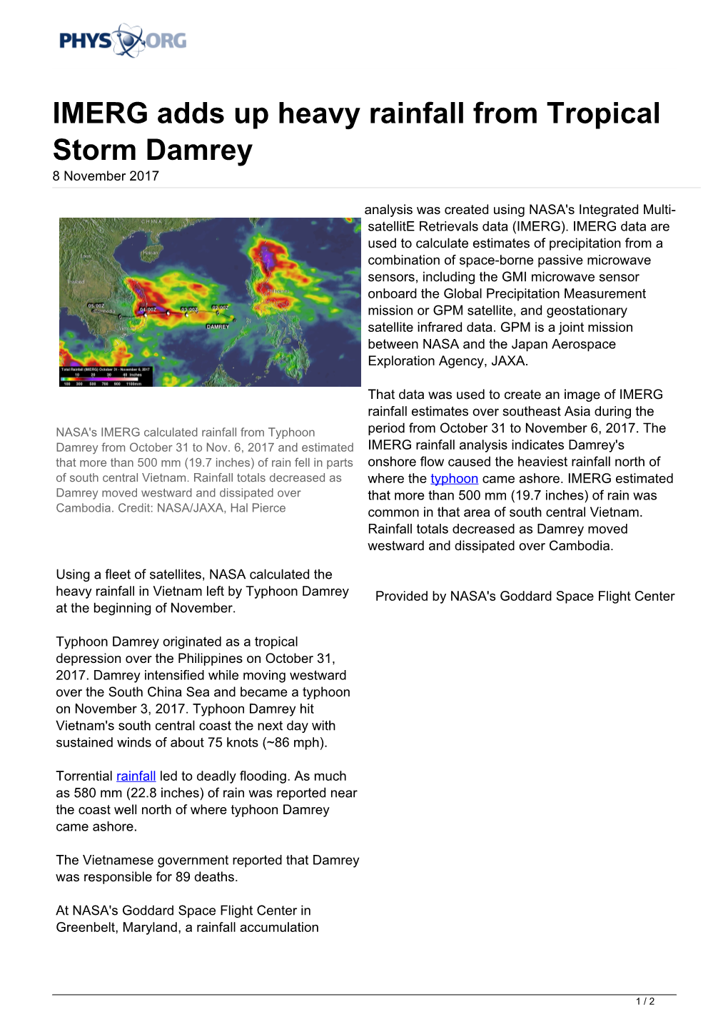 IMERG Adds up Heavy Rainfall from Tropical Storm Damrey 8 November 2017