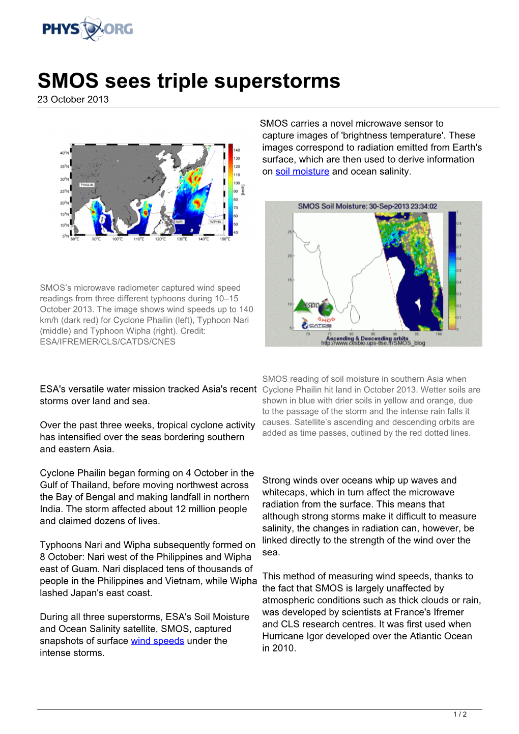 SMOS Sees Triple Superstorms 23 October 2013