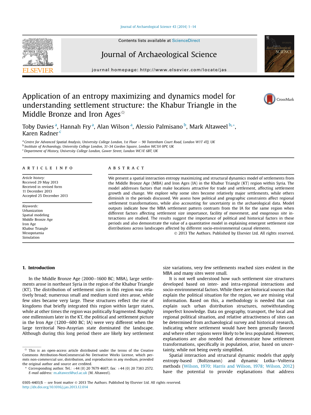 Application of an Entropy Maximizing and Dynamics Model for Understanding Settlement Structure: the Khabur Triangle in the Middle Bronze and Iron Agesq