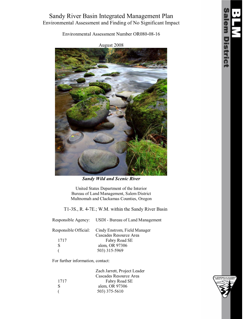 Sandy River Basin Management Plan EA # OR080-08-16 August 2008 2 Table of Contents