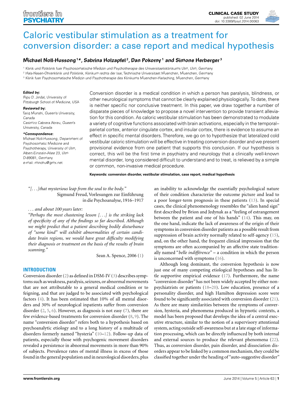 Caloric Vestibular Stimulation As a Treatment for Conversion Disorder: a Case Report and Medical Hypothesis