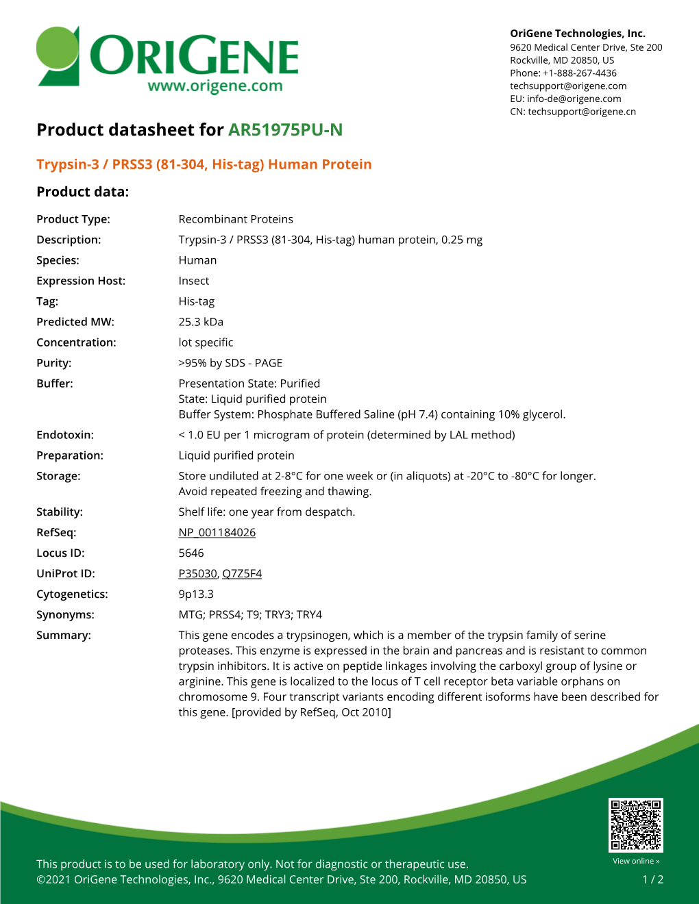 Trypsin-3 / PRSS3 (81-304, His-Tag) Human Protein Product Data